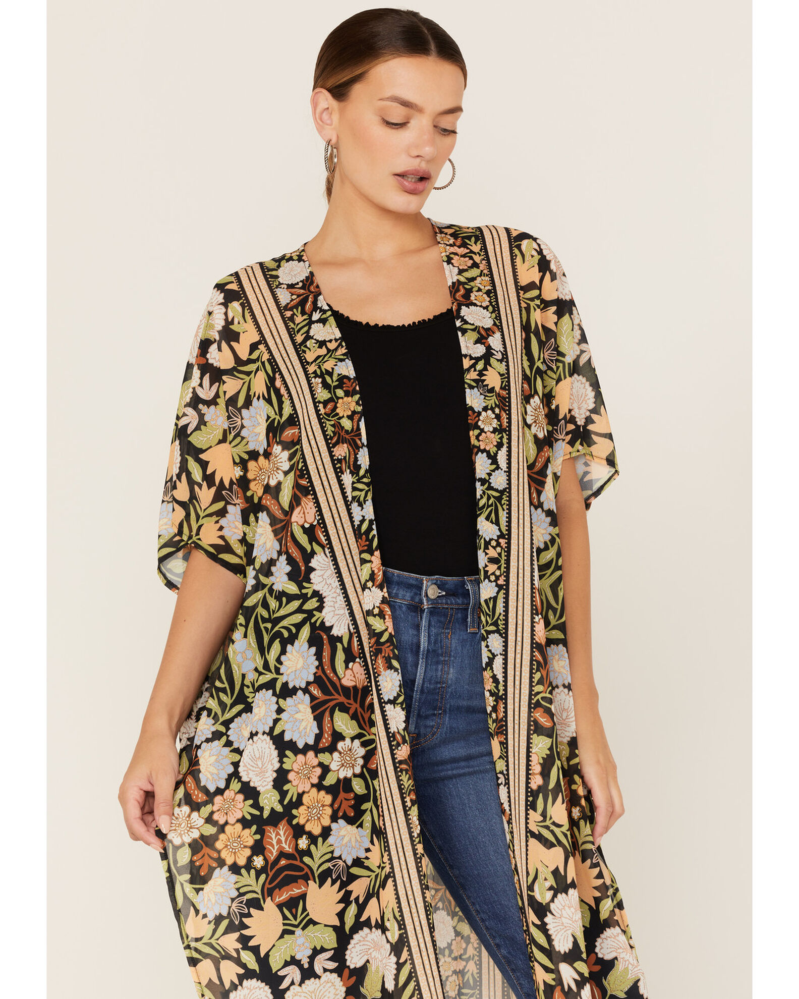 Image #2 - Flying Tomato Women's Floral Print Duster Kimono, Black, hi-res