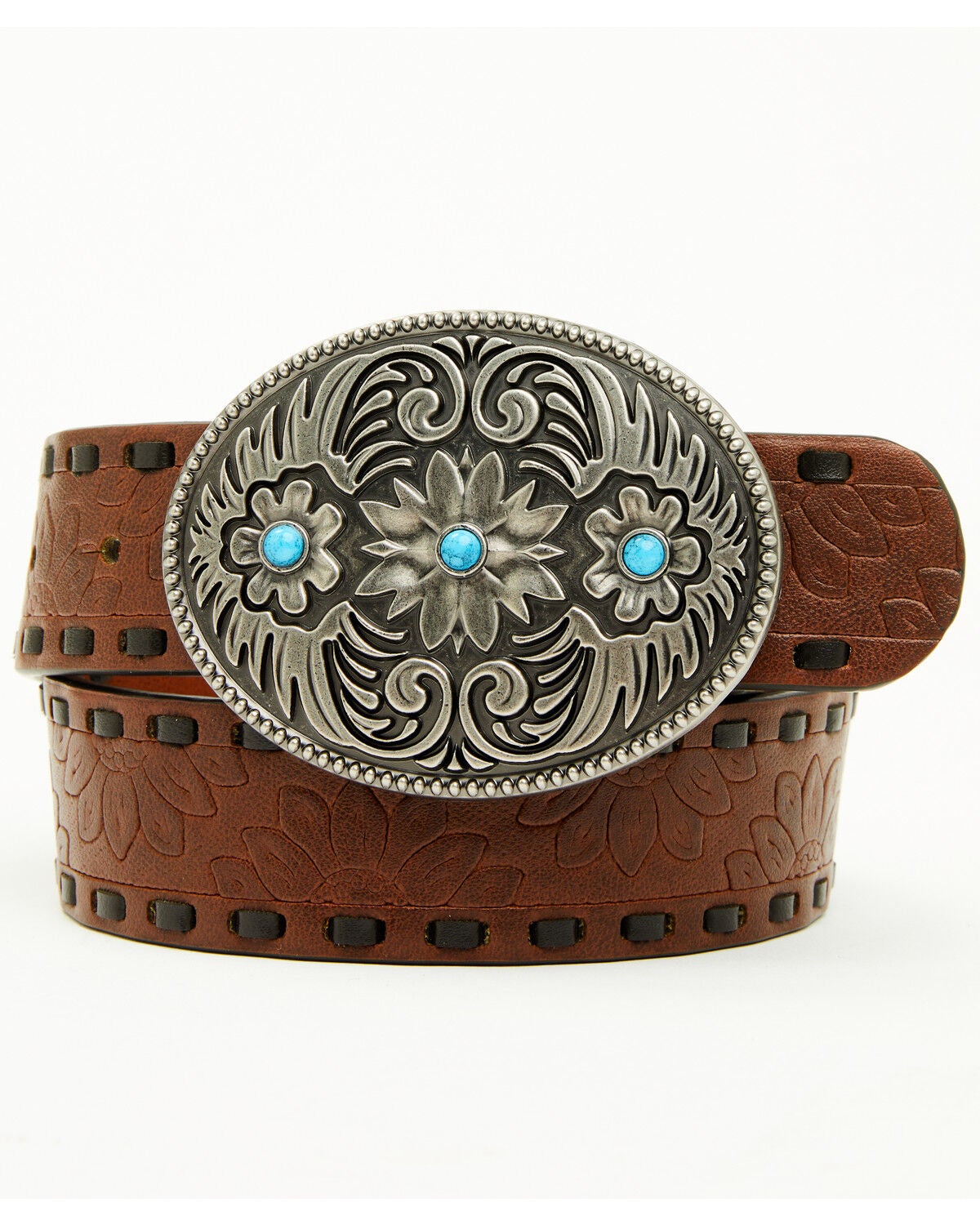 Shyanne Girls' Mila Daisy Embossed Buckle Belt, Brown, hi-res