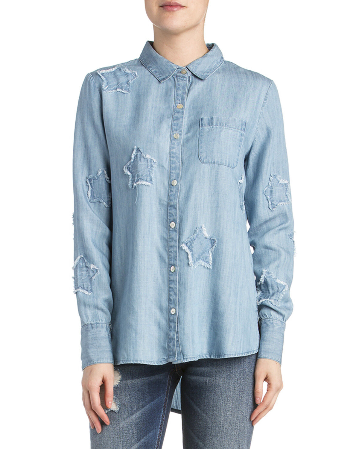 Image #1 - Miss Me Women's Denim Star Long Sleeve Button Down Shirt, , hi-res