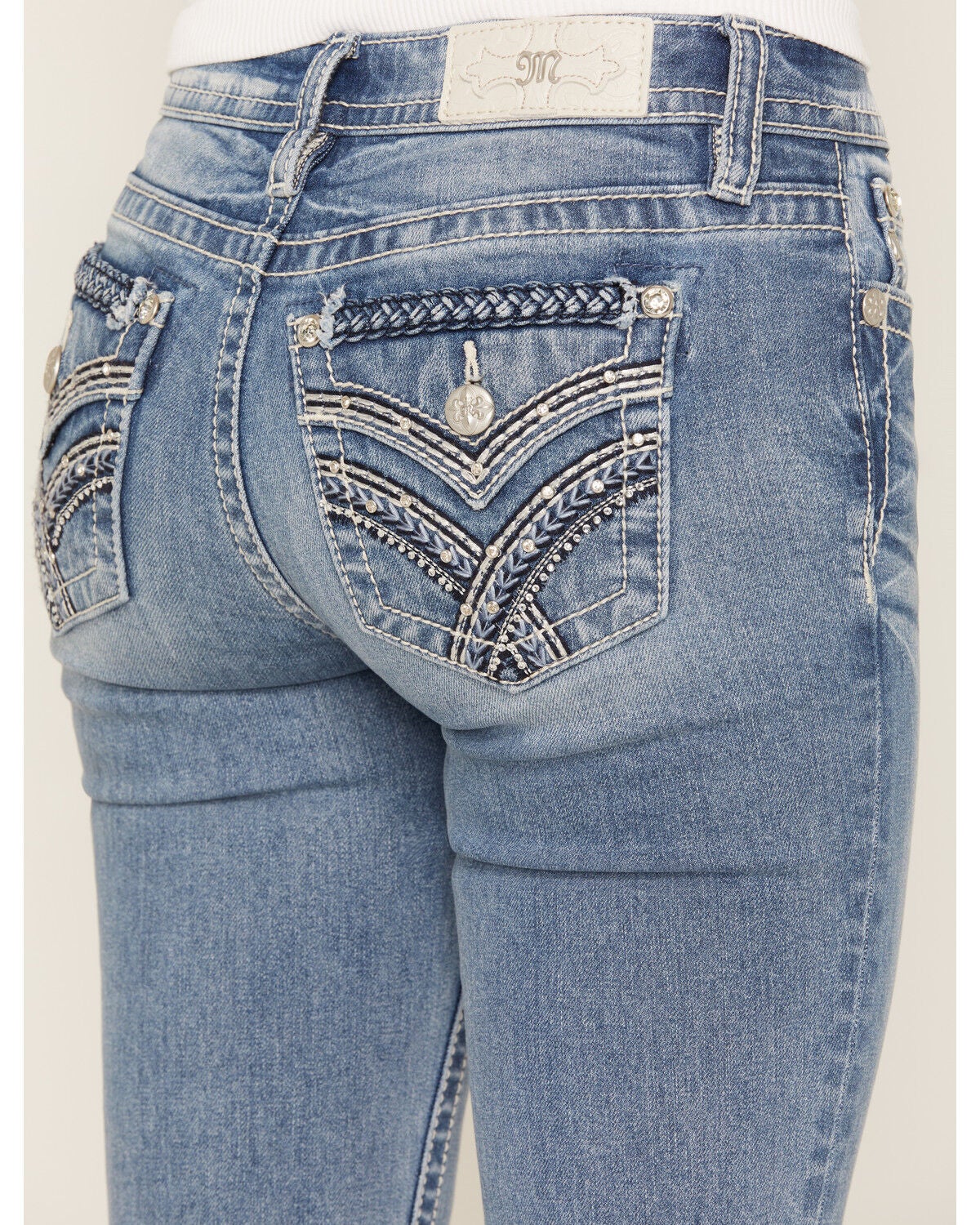 Image #5 - Miss Me Women's Medium Wash Mid Rise Faux Flap Pocket Bootcut Stretch Denim Jeans, Medium Wash, hi-res
