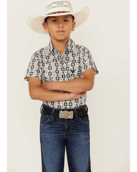 Cowboy Hardware Boys' Southwestern Print Short Sleeve Snap Western Shirt , White, hi-res