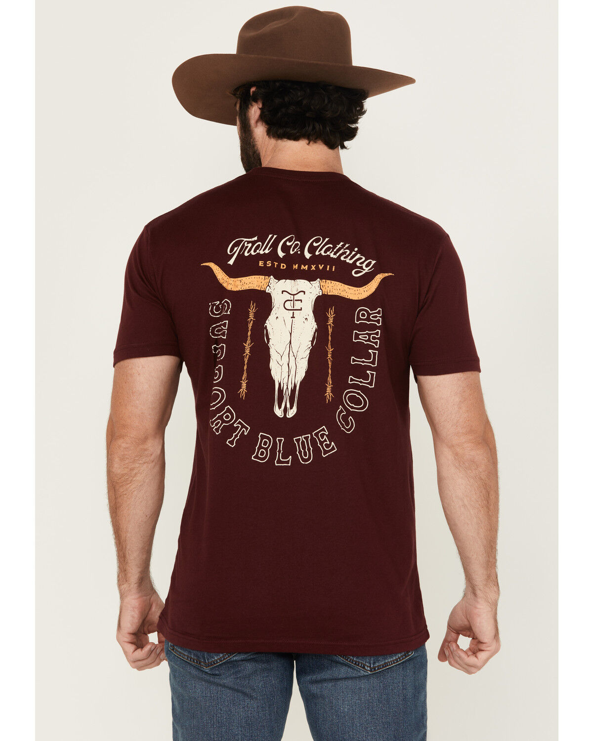 Image #1 - Troll Co Men's Homestead Logo Short Sleeve Graphic Work T-Shirt, Maroon, hi-res