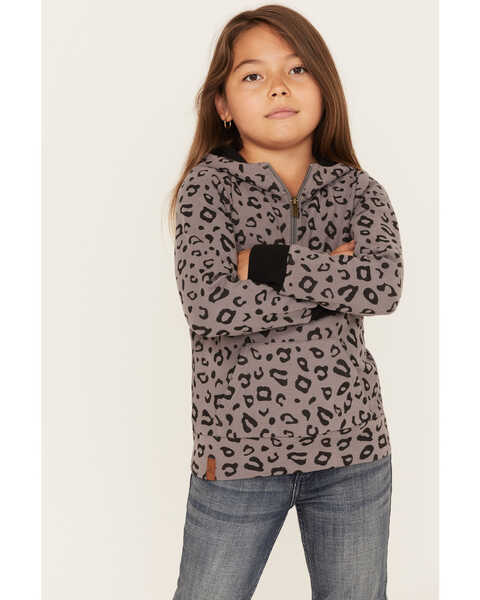 Image #1 - Ampersand Avenue Girls' Leopard Print Half Zip Hooded Pullover, Grey, hi-res