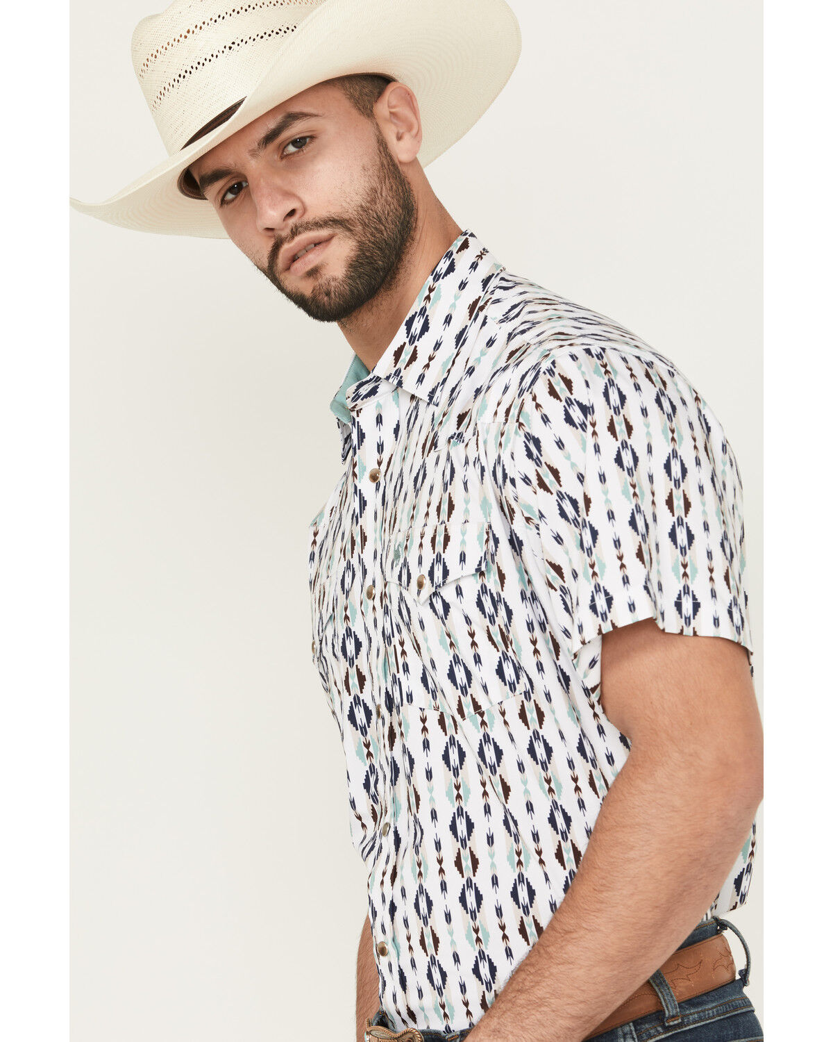 Image #2 - Rodeo Clothing Men's Southwestern Print Short Sleeve Snap Western Shirt, White, hi-res