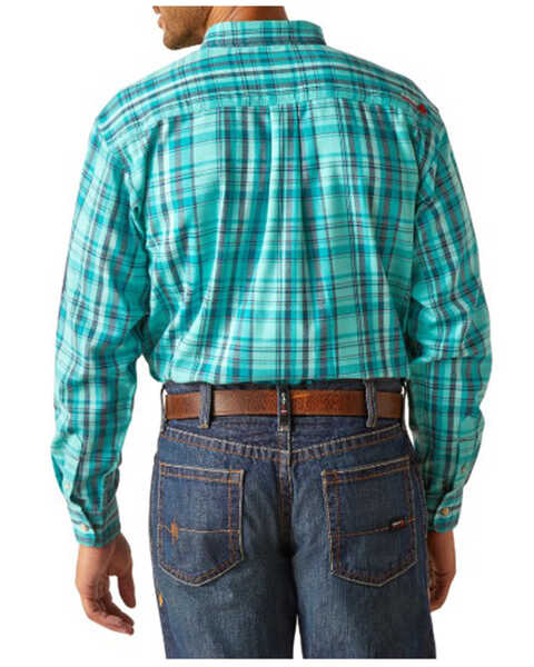 Image #2 - Ariat Men's FR Bobcat Logo Plaid Print Long Sleeve Button-Down Work Shirt , Turquoise, hi-res
