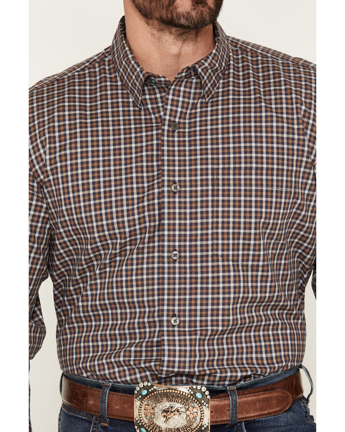 Image #3 - Wrangler X Cody Johnson Men's Plaid Print Long Sleeve Button-Down Western Shirt, Navy, hi-res