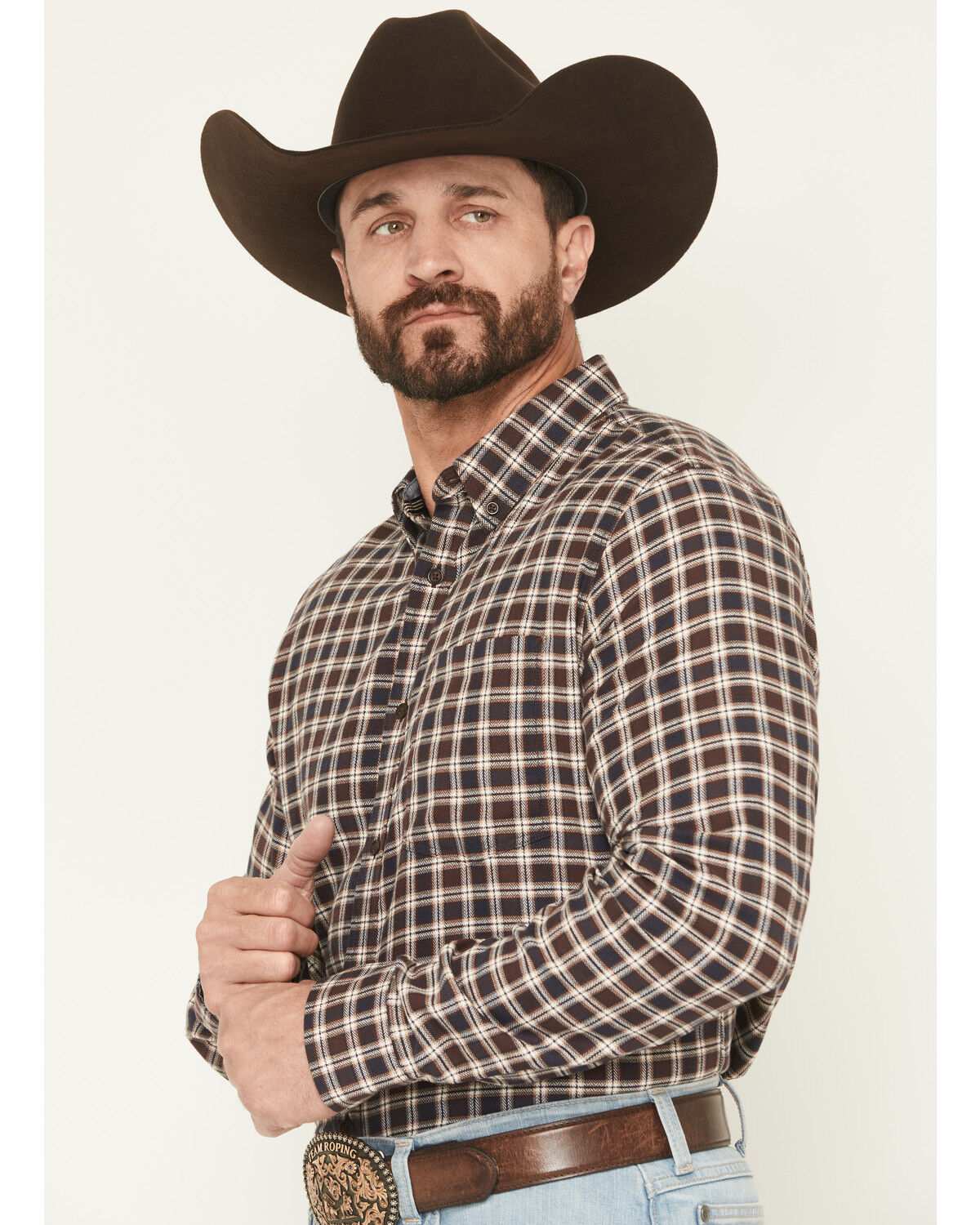 Image #2 - Cody James Men's Rodeo Ridge Plaid Print Long Sleeve Button-Down Stretch Western Shirt, Brown, hi-res