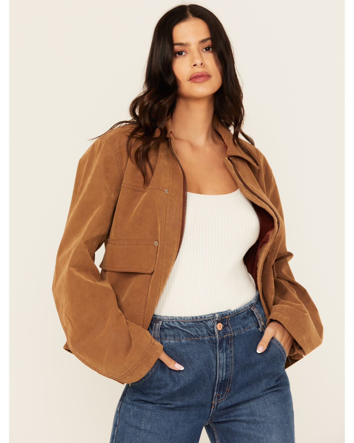 Image #1 - Free People Women's Blair Vegan Suede Jacket, Brown, hi-res