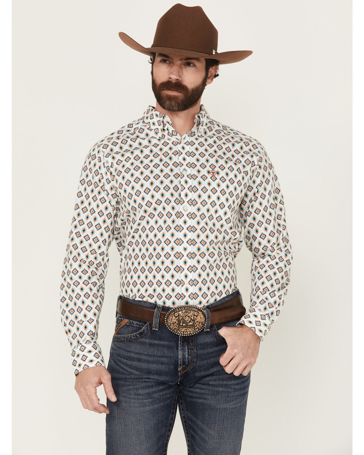 Ariat Men's Judas Geo Print Long Sleeve Button-Down Western Shirt, White, hi-res