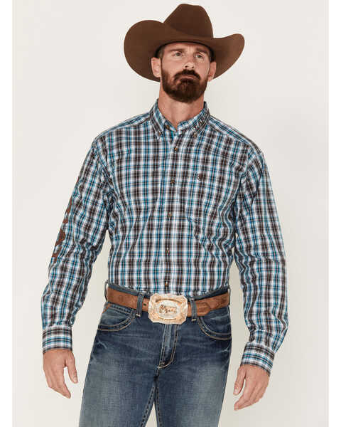 Image #1 - Ariat Men's Team Cade Small Plaid Print Long Sleeve Button-Down Shirt , Turquoise, hi-res