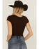 Image #4 - Shyanne Women's V Neck Short Sleeve Stretch Knit Top, Dark Brown, hi-res