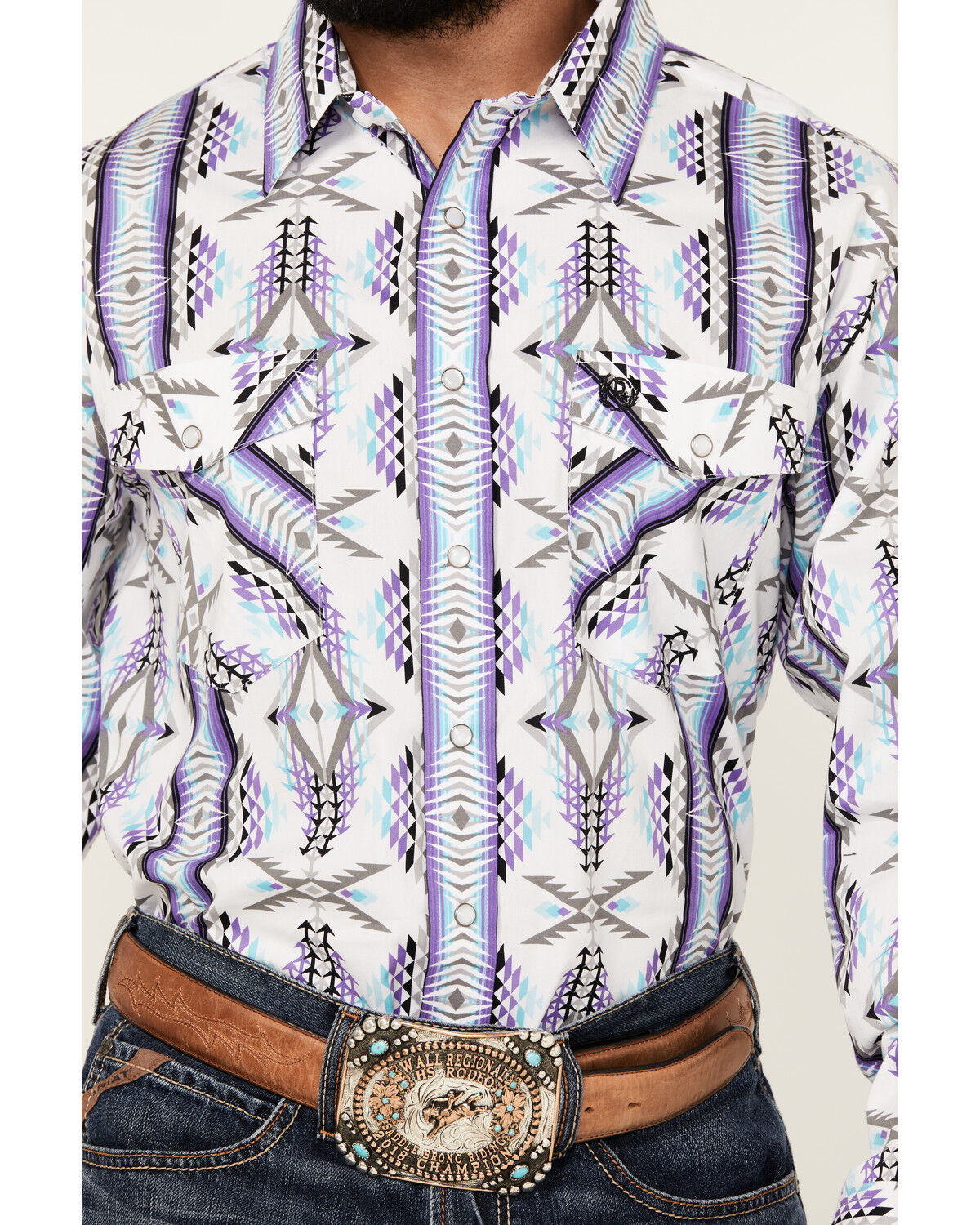 Image #3 - Panhandle Select Men's Boot Barn Exclusive Southwestern Print Long Sleeve Pearl Snap Western Shirt, White, hi-res