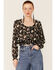 Wild Moss Women's Black Floral Chiffon Smocked Waist Blouse, Black, hi-res