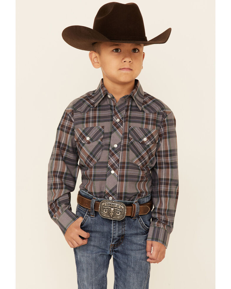 Roper Boys' Multi Plaid Long Sleeve Snap Western Shirt , Grey, hi-res