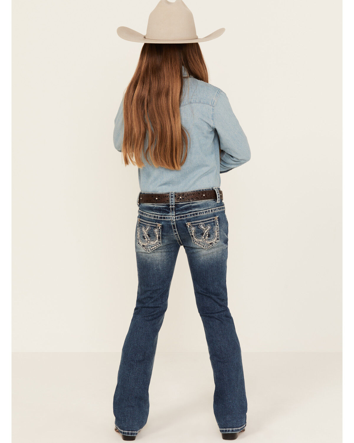 Image #1 - Shyanne Girls' Medium Wash Double Horseshoe Pocket Bootcut Stretch Denim Jeans, Medium Wash, hi-res
