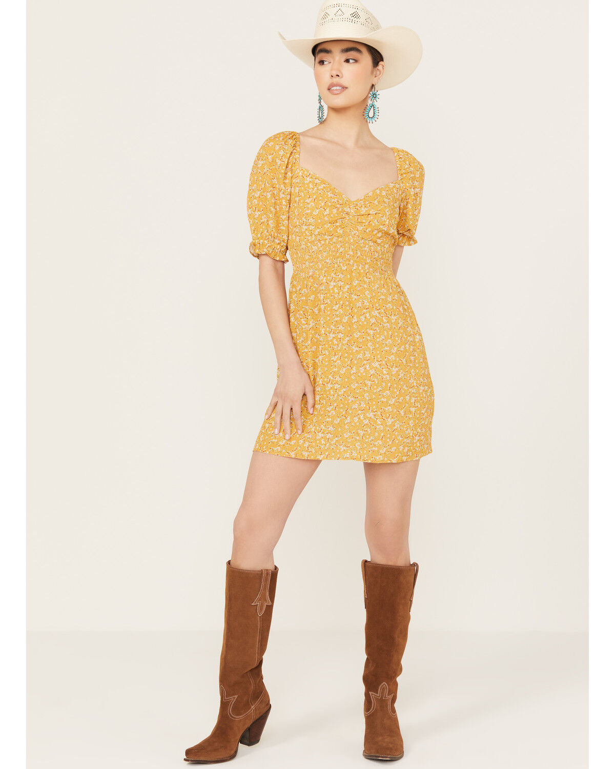 Image #1 - Beyond The Radar Women's Floral Print Mini Dress, Mustard, hi-res