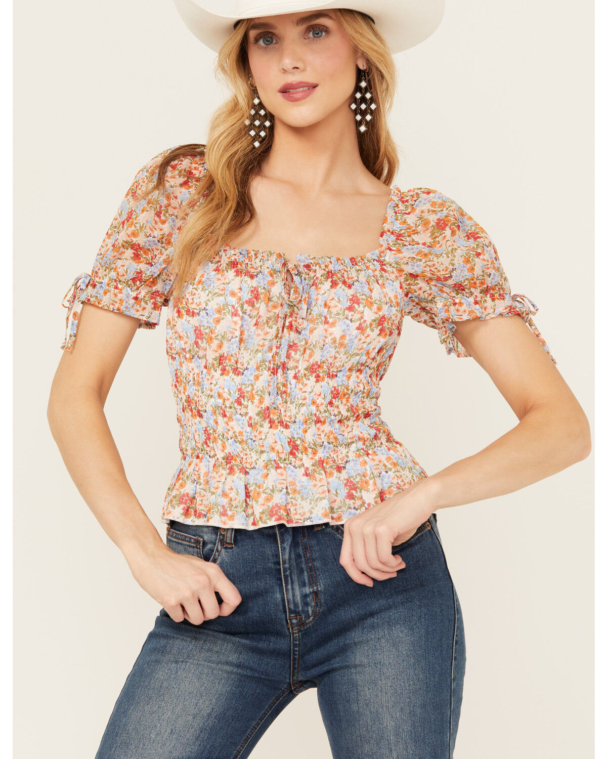 Image #1 - Ash & Violet Women's Short Sleeve Floral Smocked Crop Top, Multi, hi-res