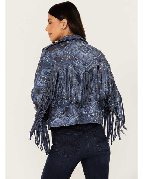 Image #4 - Idyllwind Women's Banbury Printed Faux Suede Moto Jacket , Steel Blue, hi-res