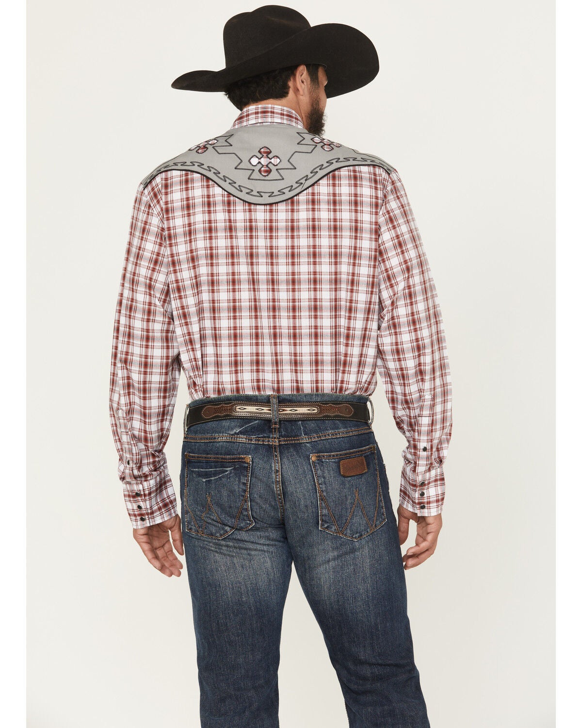 Image #4 - Roper Men's Plaid Print Embroidered Long Sleeve Snap Stretch Western Shirt, Red, hi-res