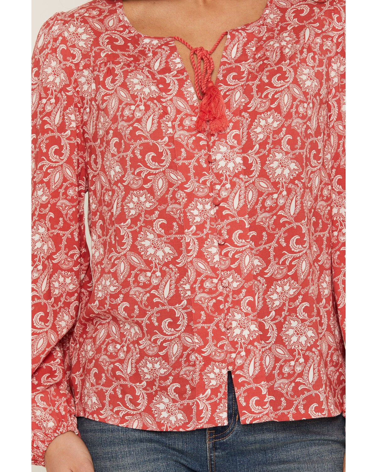 Image #3 - Panhandle Women's Floral Paisley Print Long Sleeve Peasant Top, Red, hi-res