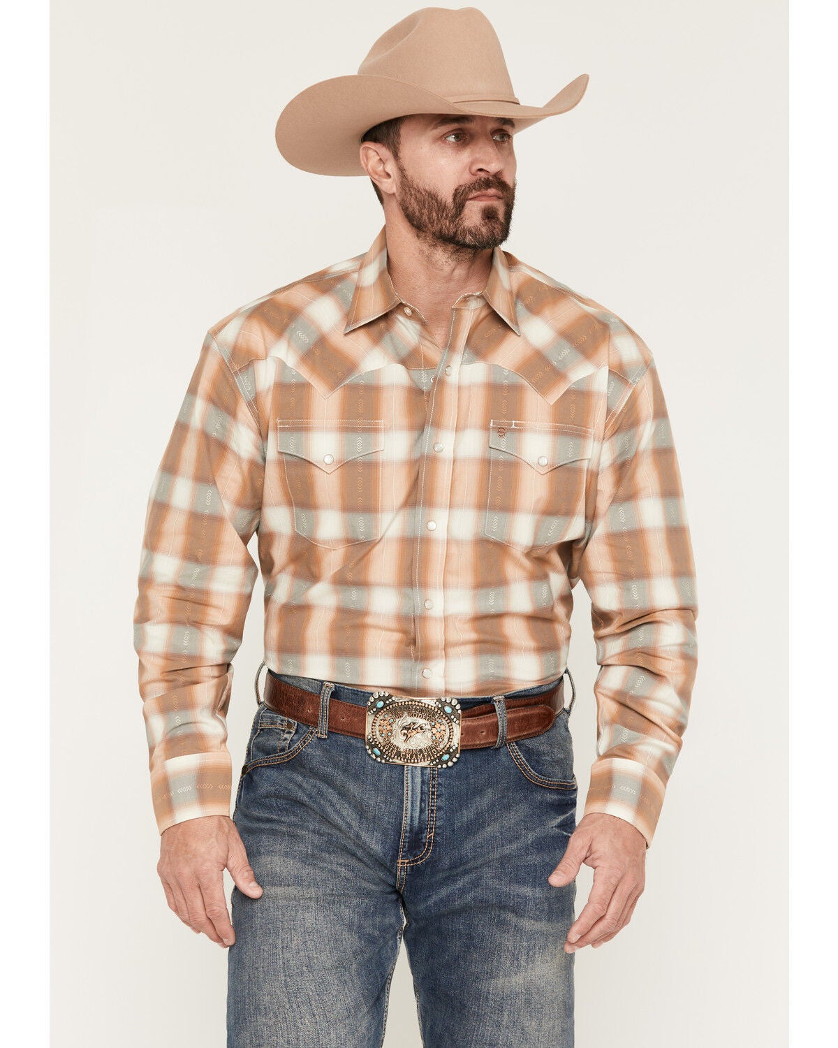 Stetson Men's Dobby Plaid Print Long Sleeve Snap Western Shirt, Tan, hi-res