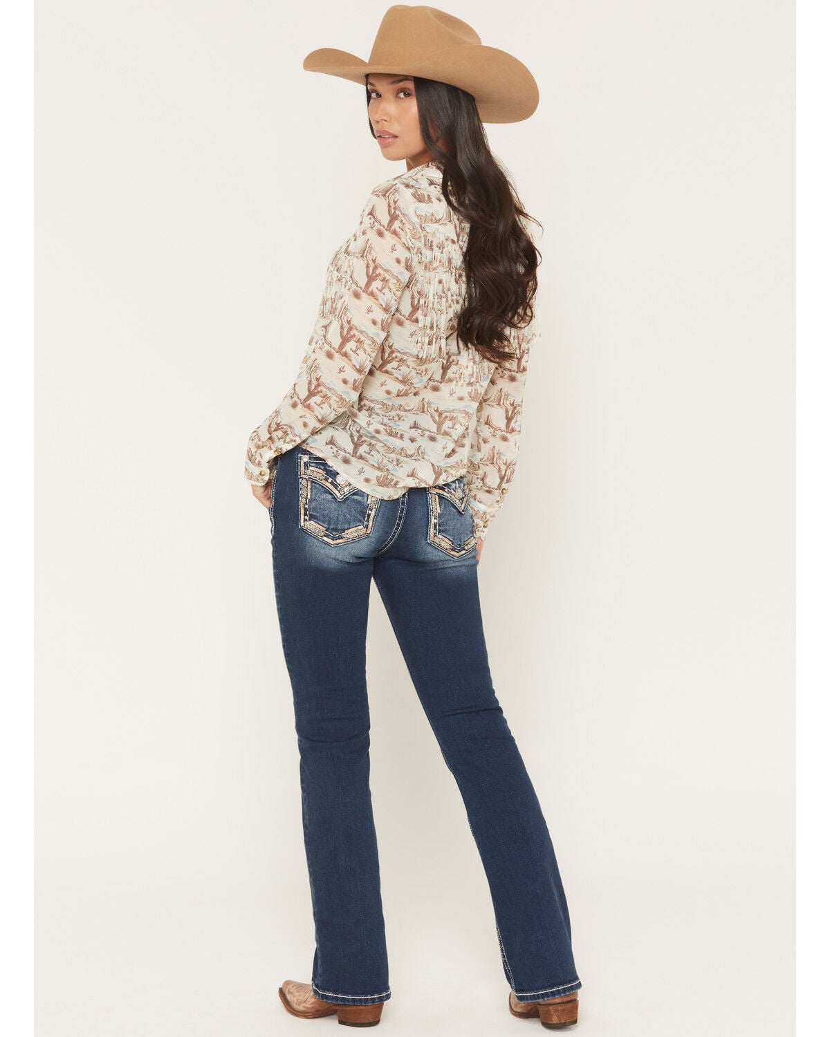 Miss Me Women's Medium Wash Mid Rise Border Pocket 30" Bootcut Stretch Denim Jeans, Medium Wash, hi-res