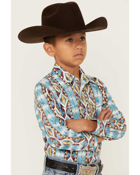 Image #2 - Wrangler Boys' Checotah Southwestern Striped Long Sleeve Pearl Snap Western Shirt, Blue, hi-res