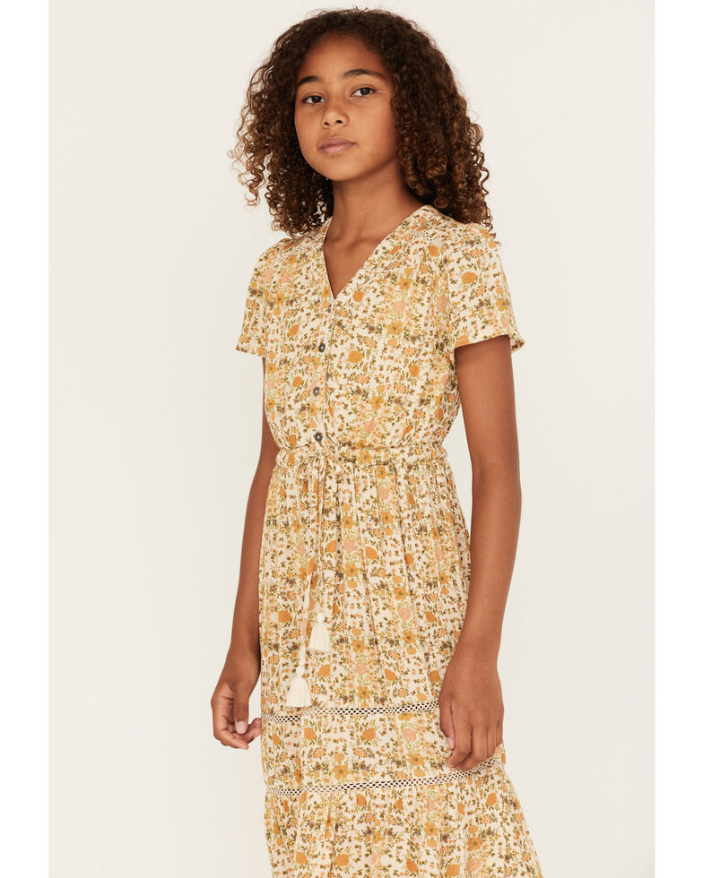 Cotton & Rye Girls' Ditsy Floral Print Midi Dress, Yellow, hi-res