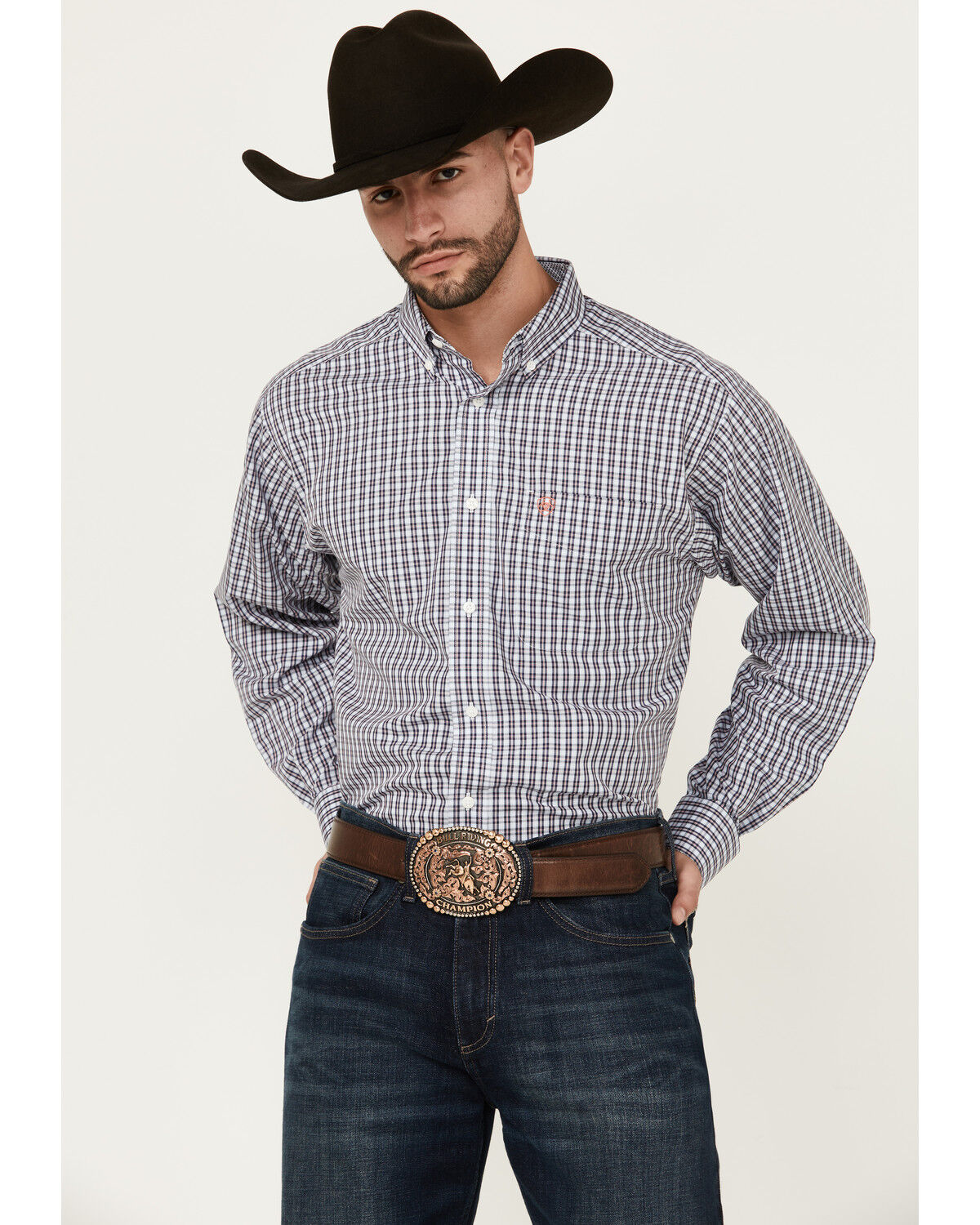 Image #1 - Ariat Men's Walker Plaid Print Long Sleeve Button-Down Western Shirt, Blue, hi-res