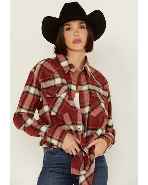 Image #1 - Wrangler Women's Plaid Print Long Sleeve Snap Boyfriend Flannel Shirt , Red, hi-res