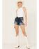 Image #1 - Driftwood Women's Daisy Daydream Dark Wash High Rise Goldie Frayed Shorts, Dark Wash, hi-res