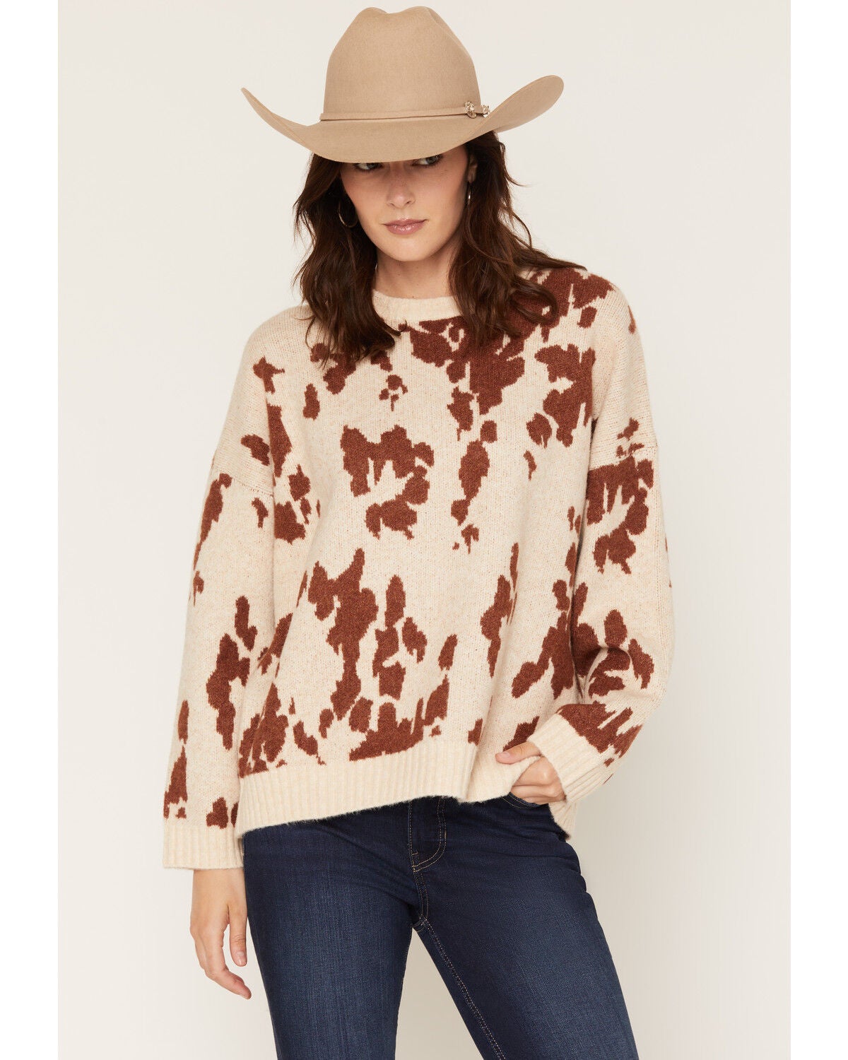 By Together Women's Cow Print Sweater, Natural, hi-res