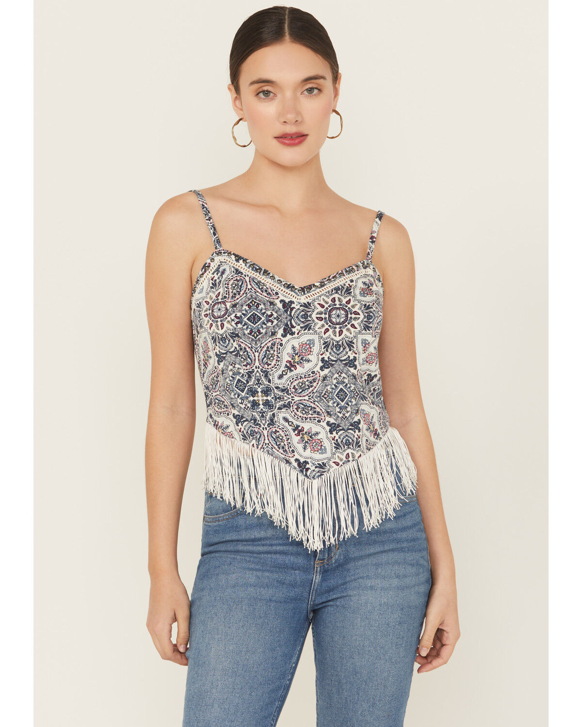 Image #2 - Idyllwind Women's Clemons Printed Studded Fringe Tank, Ivory, hi-res