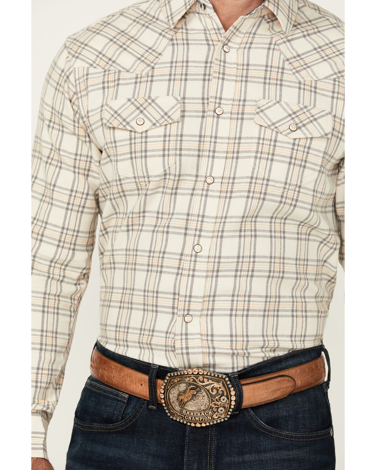 Image #3 - Cody James Men's Declaration Plaid Print Long Sleeve Snap Western Shirt, Cream, hi-res