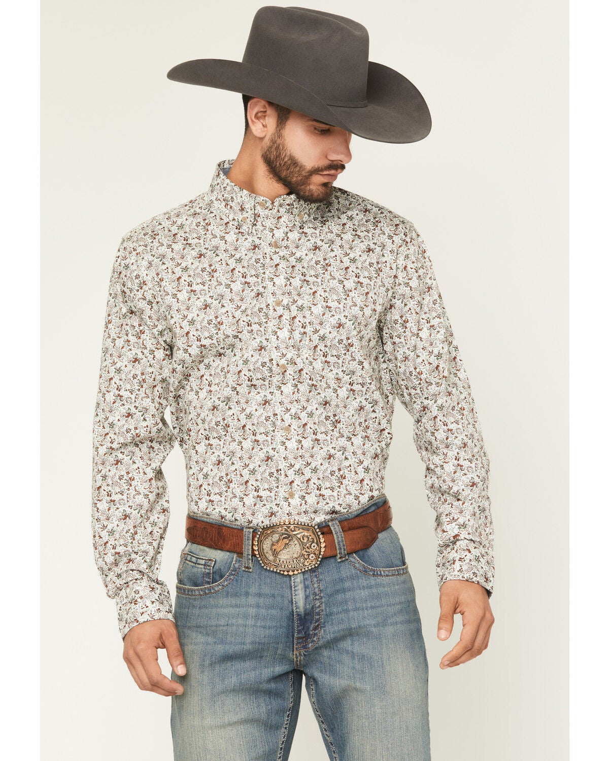 Cody James Men's Picher Floral Print Long Sleeve Button-Down Stretch Western Shirt, Tan, hi-res
