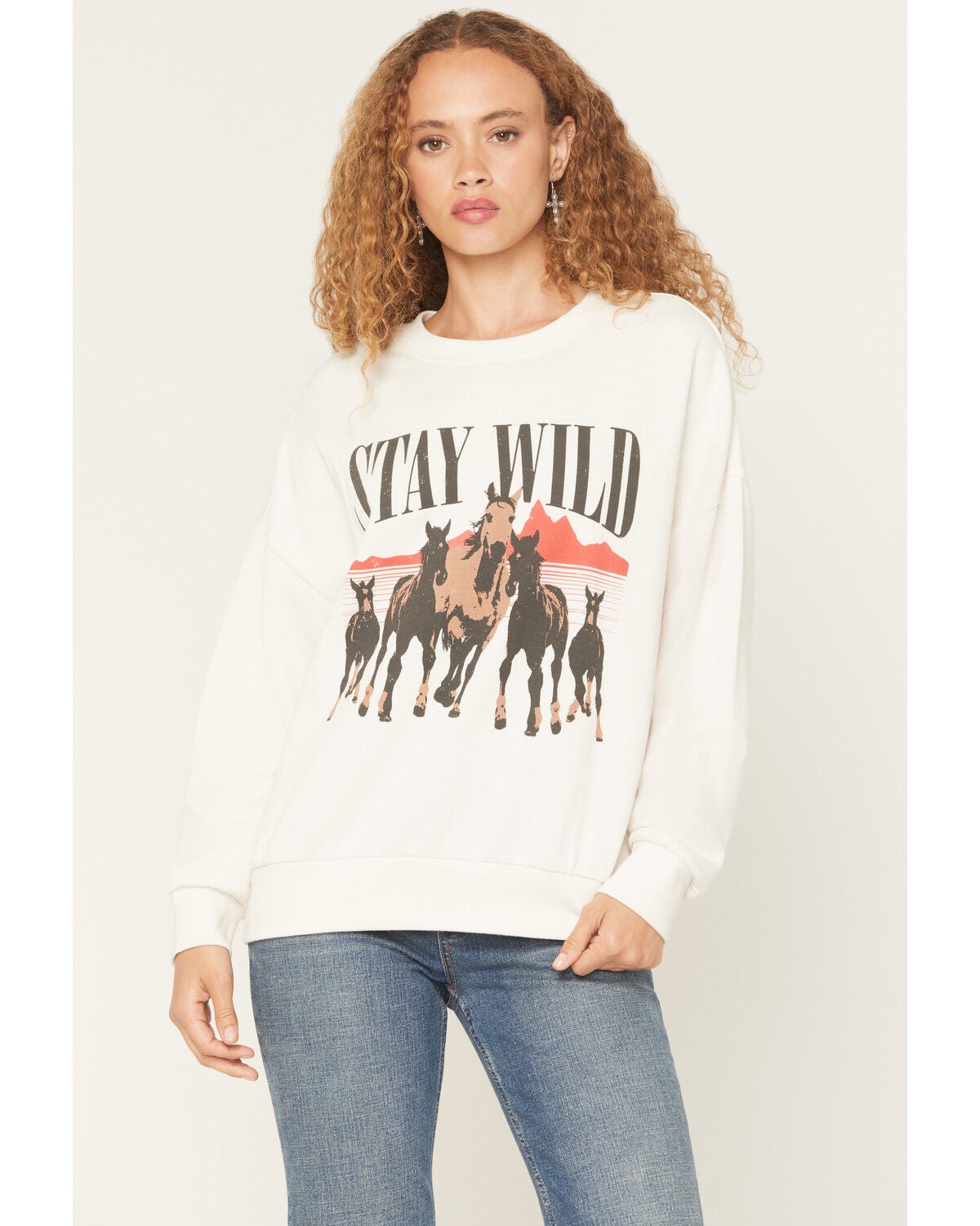 Image #1 - White Crow Women's Stay Wild Horse Print Crewneck Sweatshirt, White, hi-res