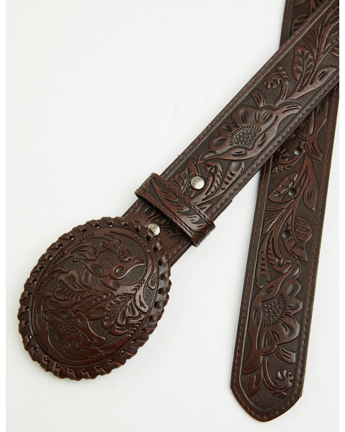 Image #1 - Shyanne Women's Ellery Tooled Leather Buckle Belt, Brown, hi-res