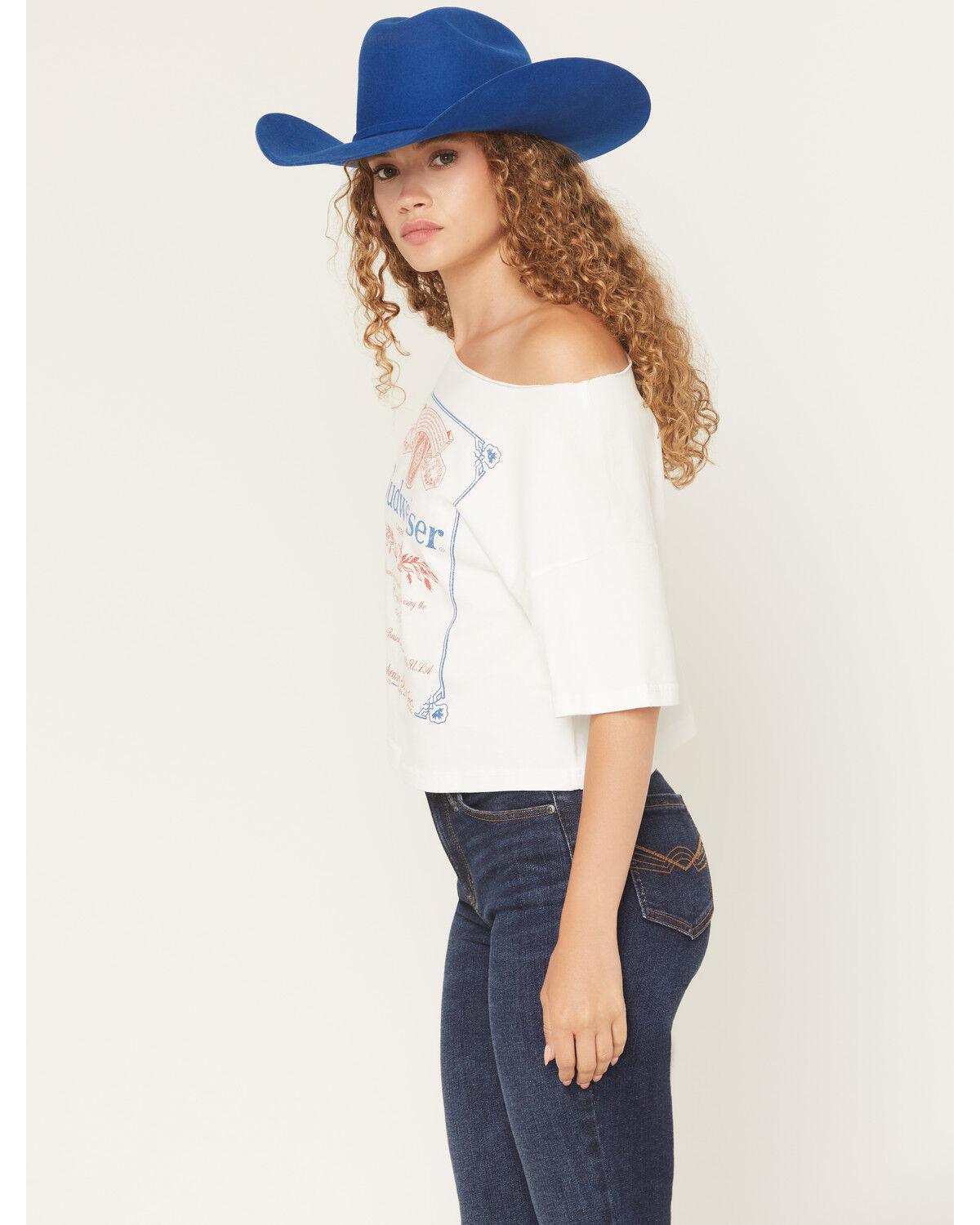 Image #2 - Budweiser Women's Logo Short Sleeve Off the Shoulder Graphic Tee, White, hi-res