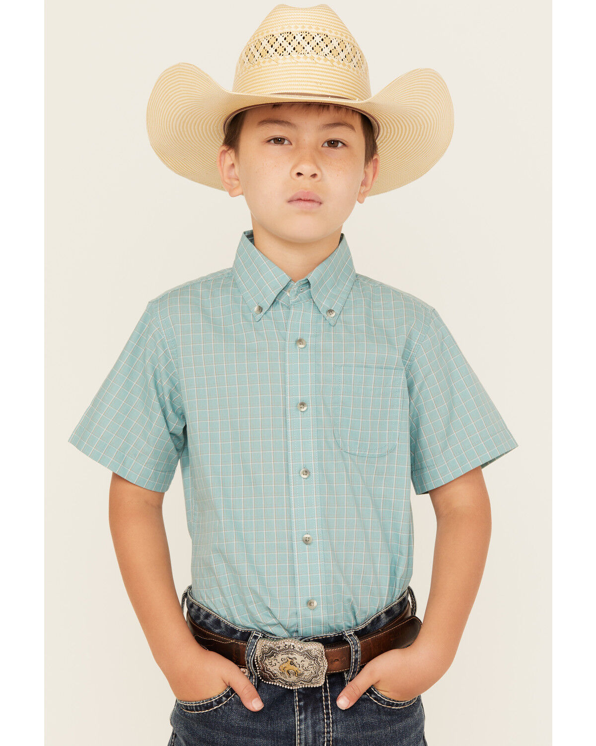 Image #1 - Wrangler Riata Boys' Plaid Print Short Sleeve Button-Down Western Shirt, , hi-res