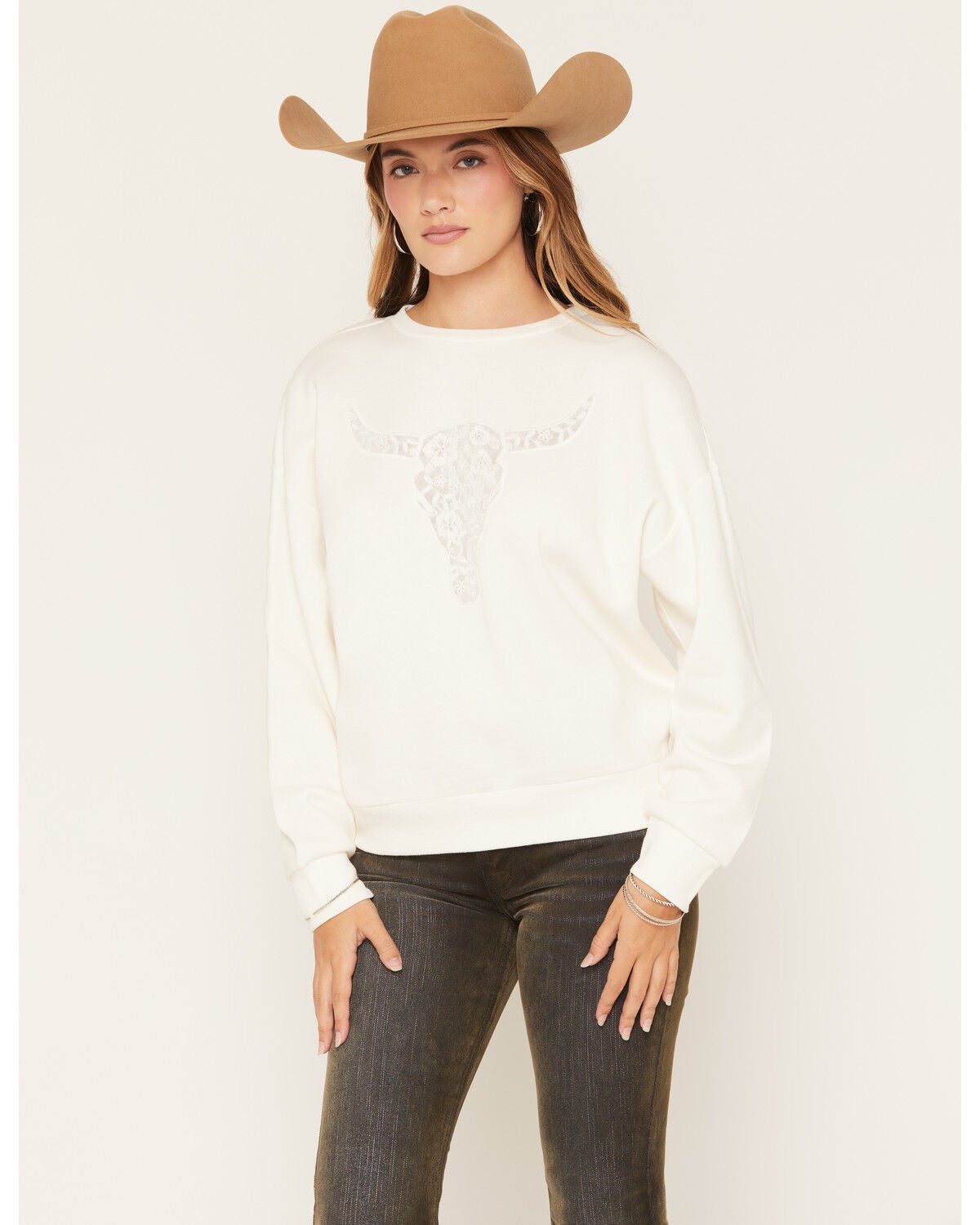 Blended Women's Steer Head Lace Graphic Crewneck Sweatshirt, Cream, hi-res