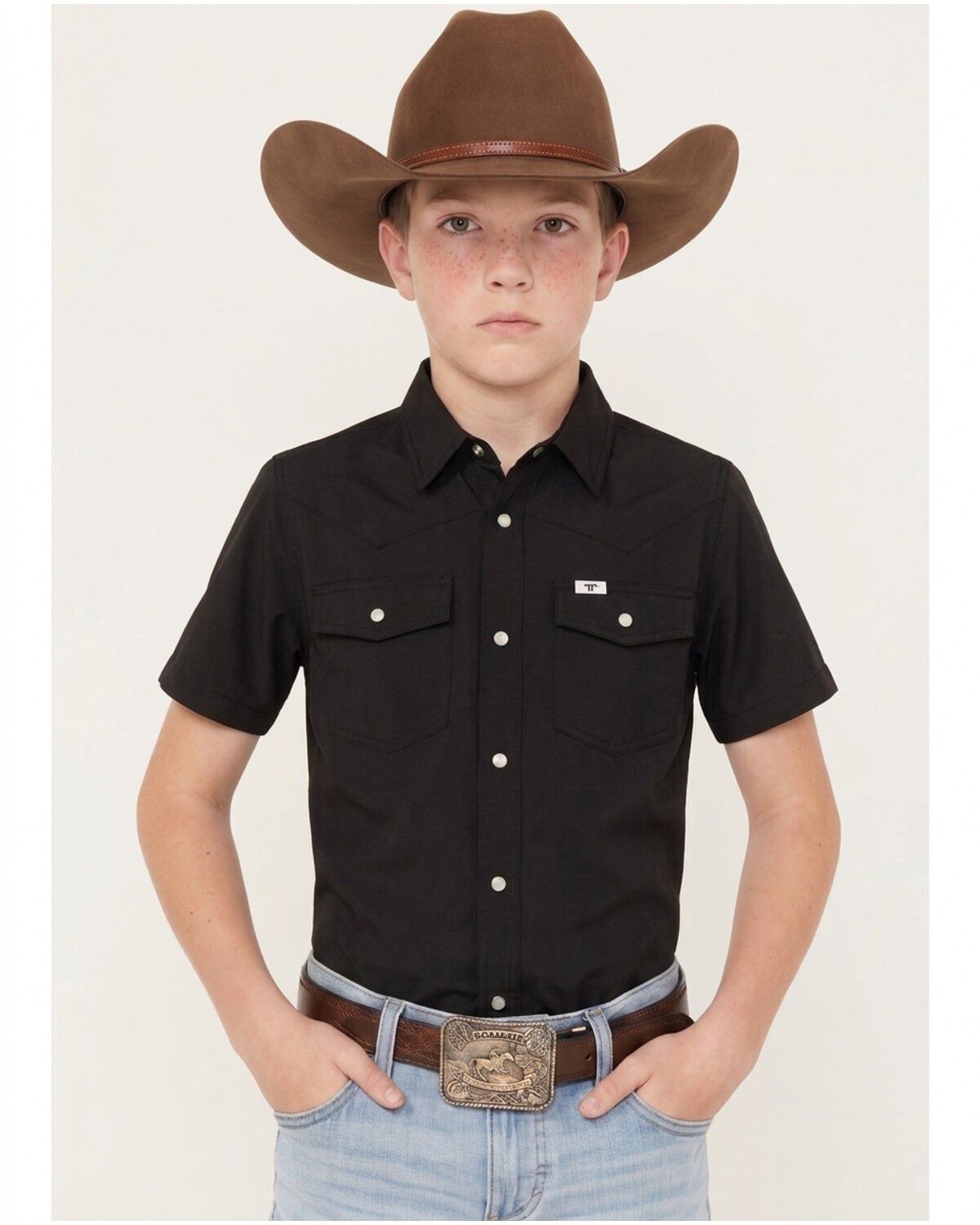 Ferrell Boys' Core Tek Solid Short Sleeve Snap Performance Western Shirt, Grey, hi-res