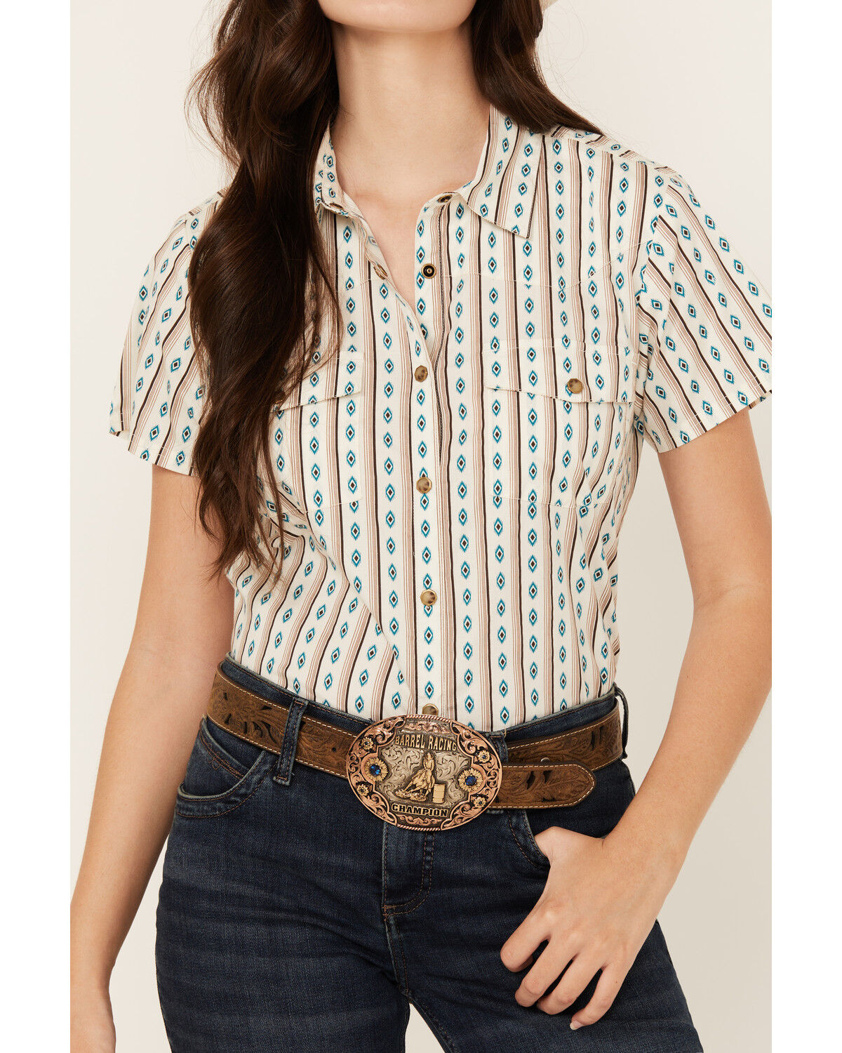 Image #3 - Shyanne Women's Southwestern Print Short Sleeve Snap Western Shirt, Cream, hi-res