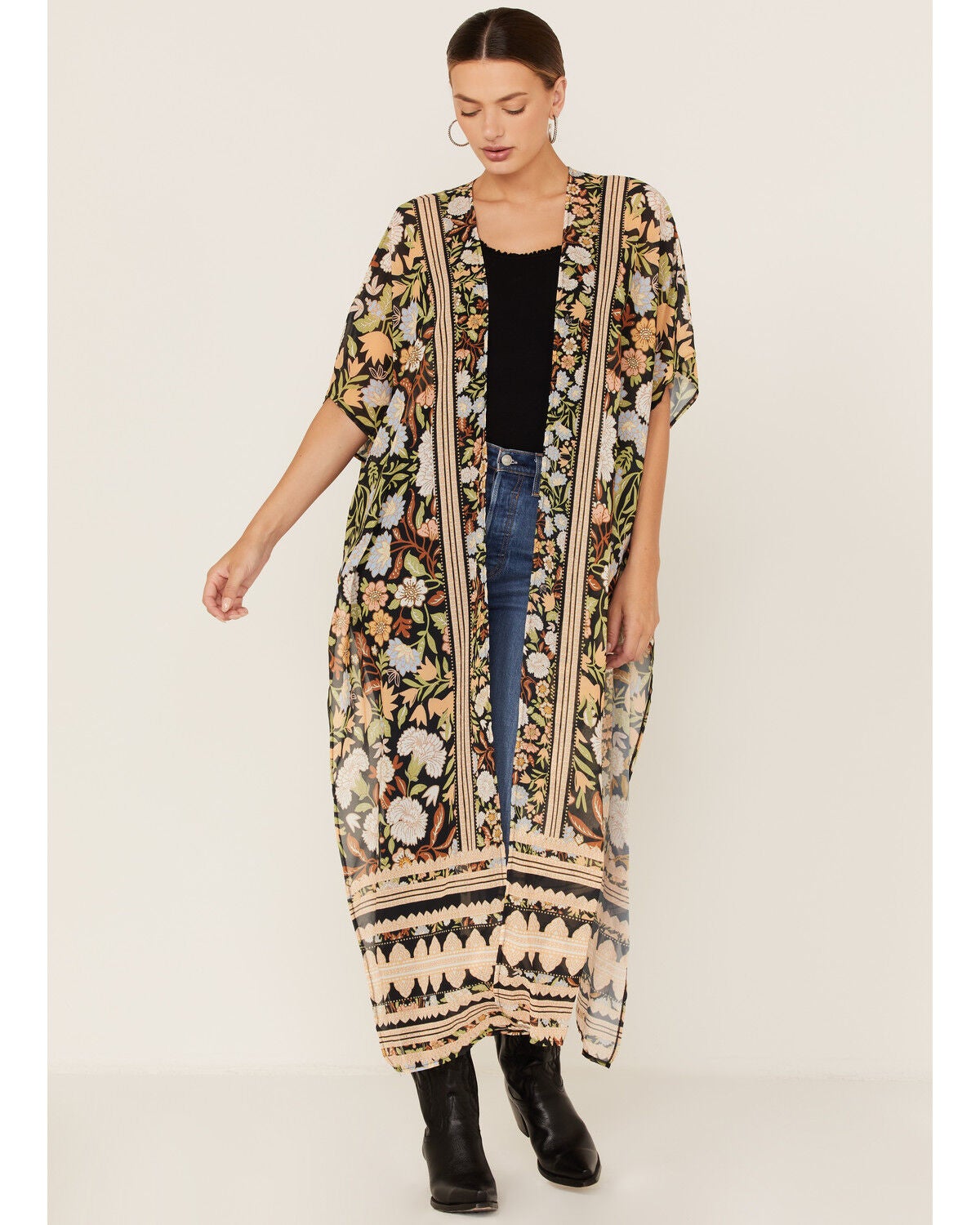Flying Tomato Women's Floral Print Duster Kimono, Black, hi-res