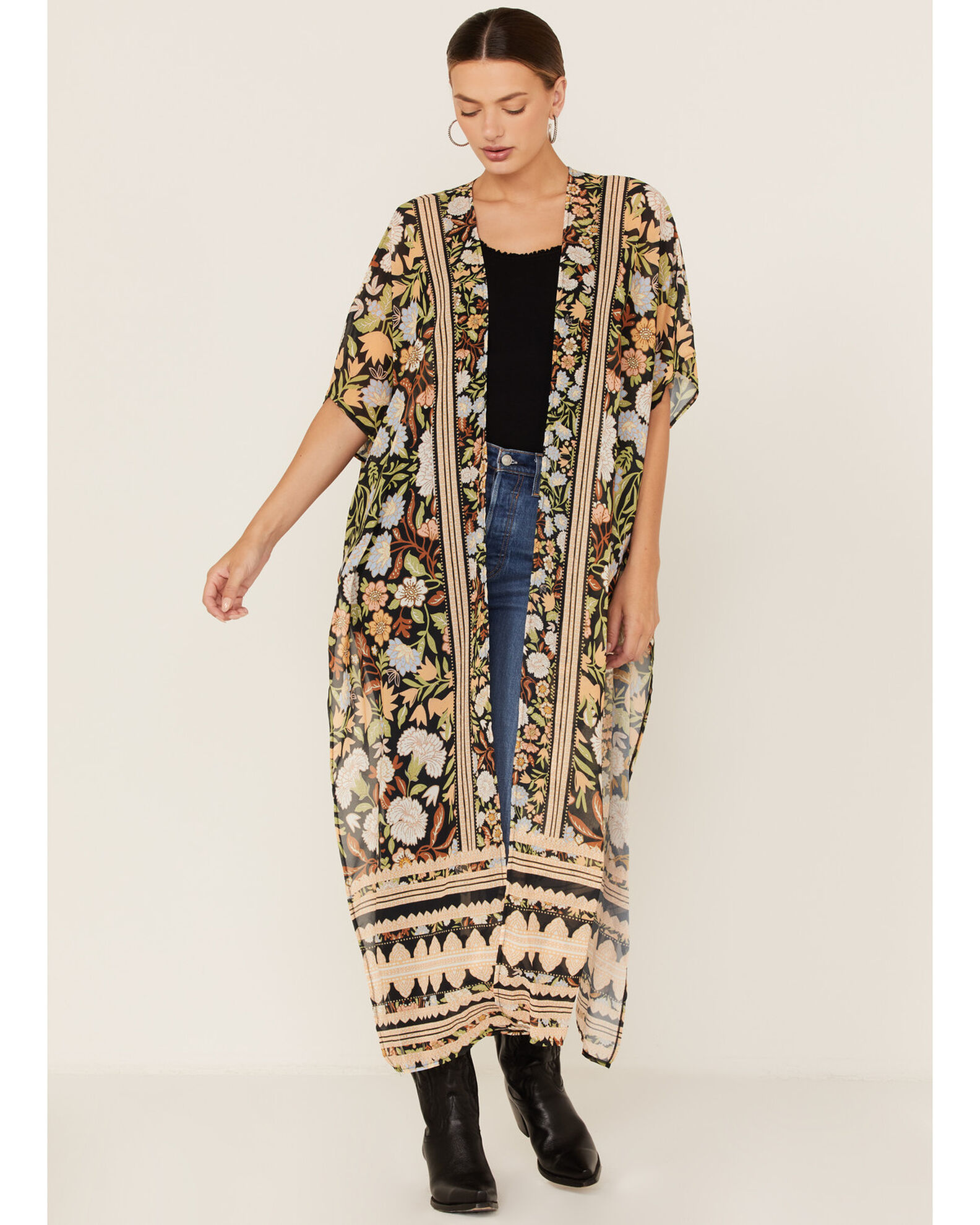 Image #1 - Flying Tomato Women's Floral Print Duster Kimono, Black, hi-res