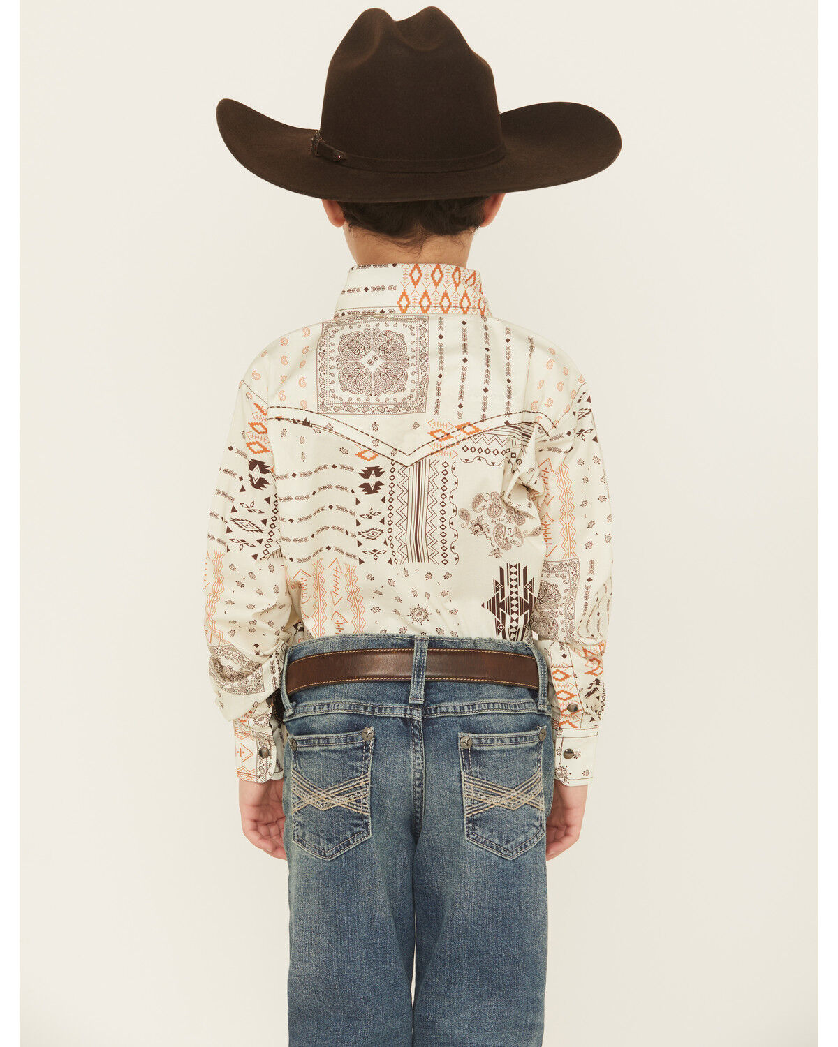 Image #4 - Cowboy Hardware Boys' Southwestern Bandana Print Long Sleeve Snap Stretch Western Shirt, Tan, hi-res