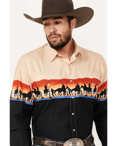 Image #2 - Roper Men's Vintage Cowboy Print Long Sleeve Pearl Snap Western Shirt, Black, hi-res
