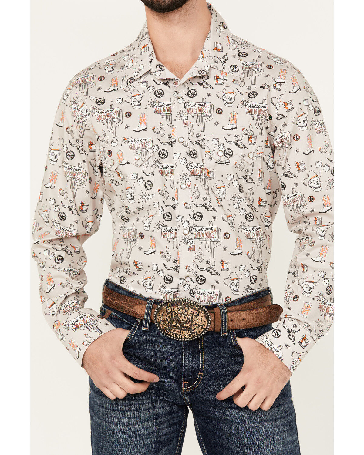 Image #3 - Rock & Roll Denim Men's Tattoo Print Long Sleeve Pearl Snap Stretch Western Shirt, Natural, hi-res