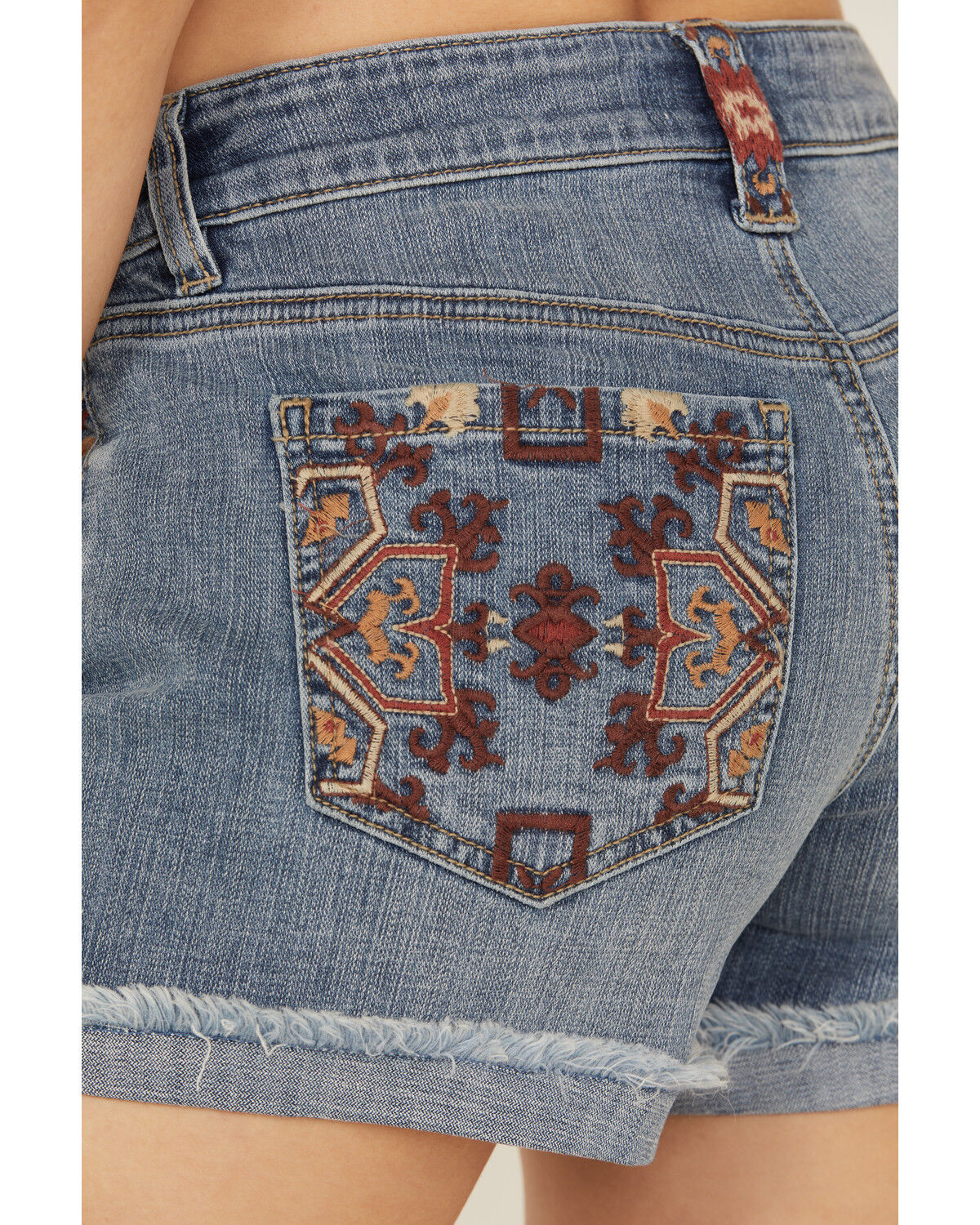 Image #4 - Shyanne Women's Medium Wash Novelty Embroidery Mid Rise Stretch Denim Shorts, Medium Wash, hi-res