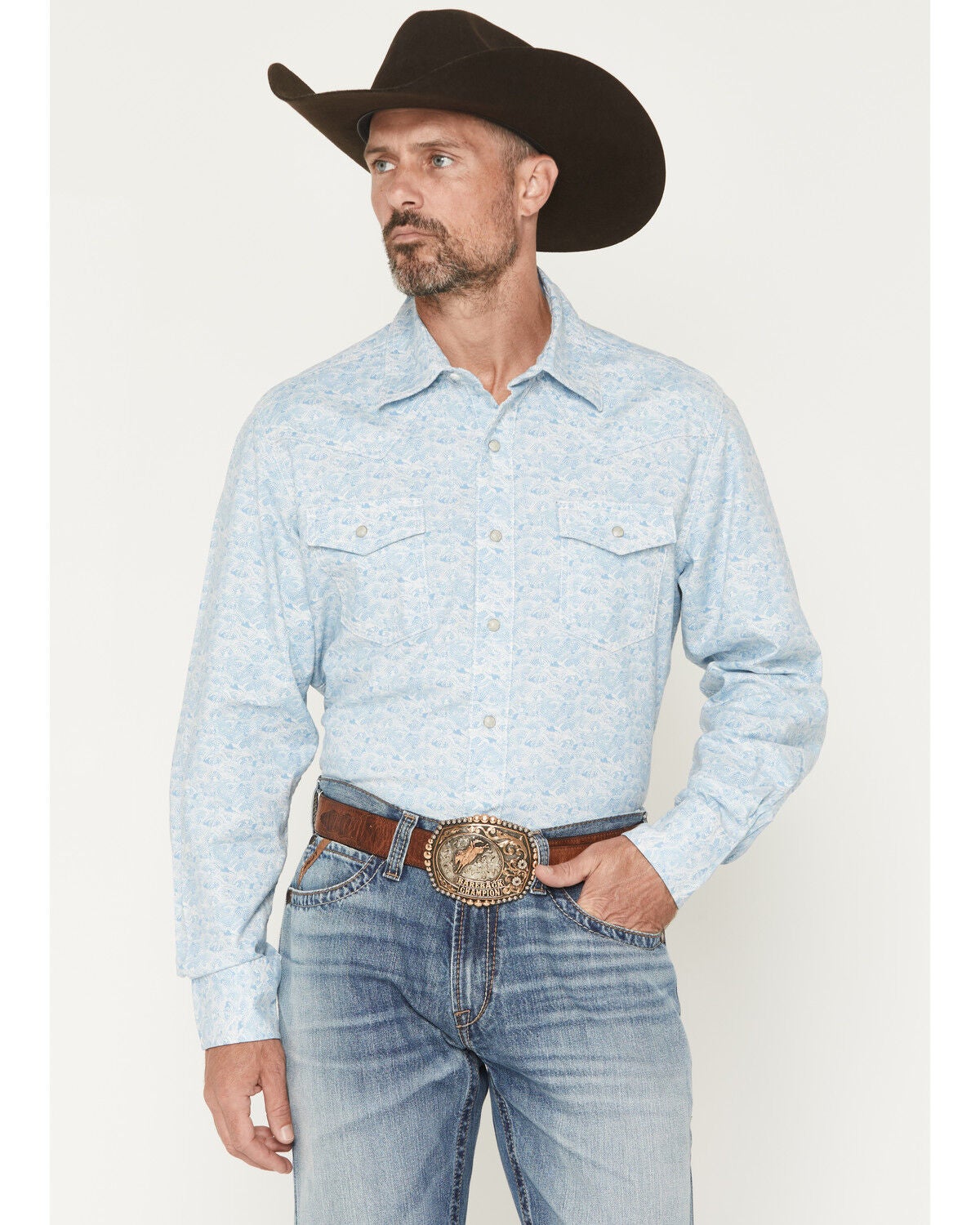 Image #1 - Wrangler Retro Men's Geo Print Long Sleeve Snap Western Shirt, Blue, hi-res