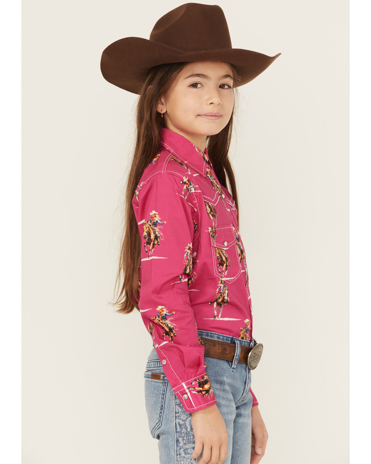Image #3 - Cowgirl Hardware Girls' Cowgirl Print Long Sleeve Rhinestone Snap Stretch Western Shirt, Pink, hi-res